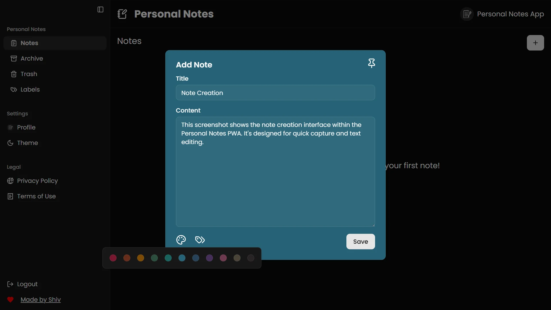 AetherPad interface on desktop – Add Note Page